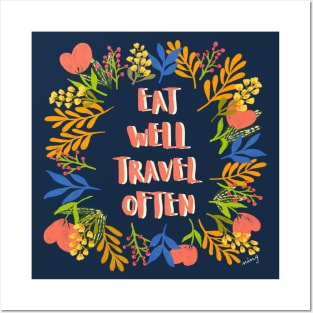 Eat Well Travel Often Indigo | Floral Wreath | Quote Posters and Art